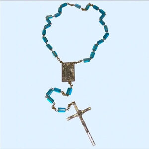 Vintage Relic Blue Glass Bead Silver Tone Rosaries Rosary